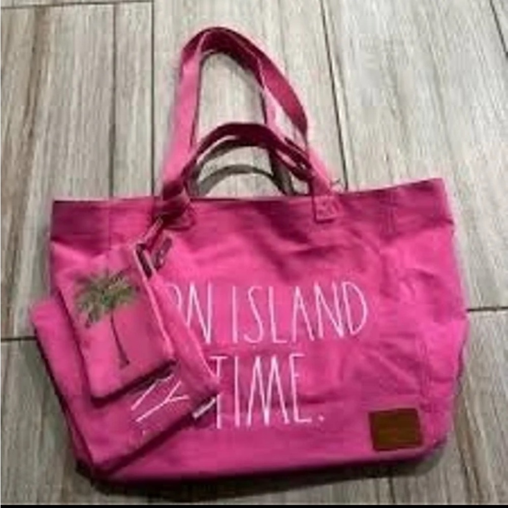 Rae Dunn Pink Beach Bag - ON ISLAND TIME - 3 Piece Set